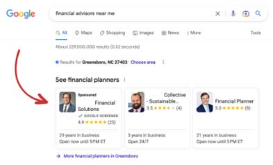 Screen shot: Google search for financial advisors near me 